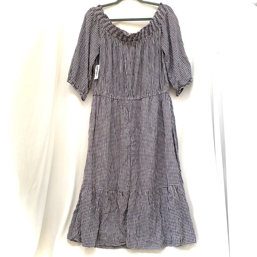 NWT Old Navy Gingham Peasant Midi Dress XL Blue Cottagecore Prairie Off Shoulder